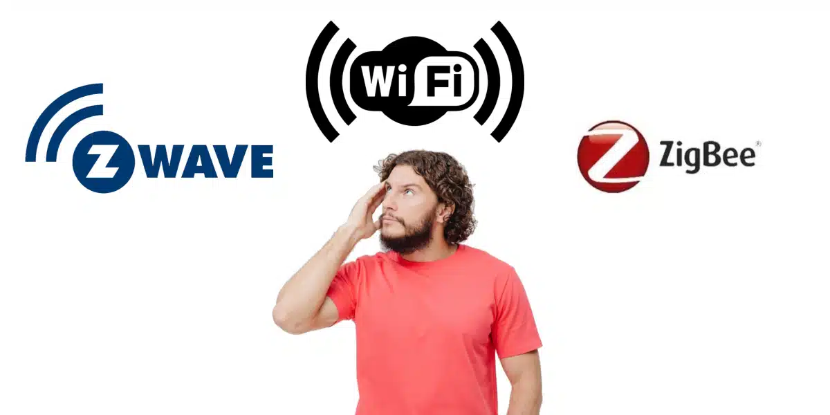 A man compares Z-Wave Wi-Fi and Zigbee logos for his Smart Home.