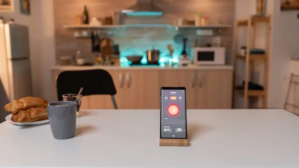 A smartphone is sitting on a table in a kitchen, comparing Z-Wave and Zigbee for the best smart home.