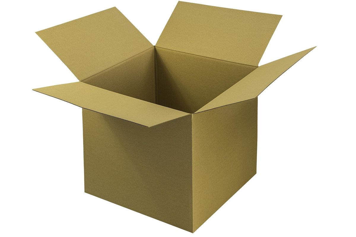 An open cardboard shipping box, representing product packaging