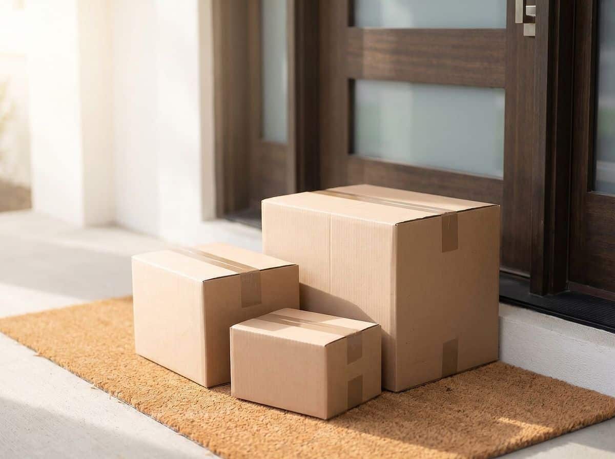 Delivery boxes stacked on a doorstep, the kind of moment a video doorbell is built to catch