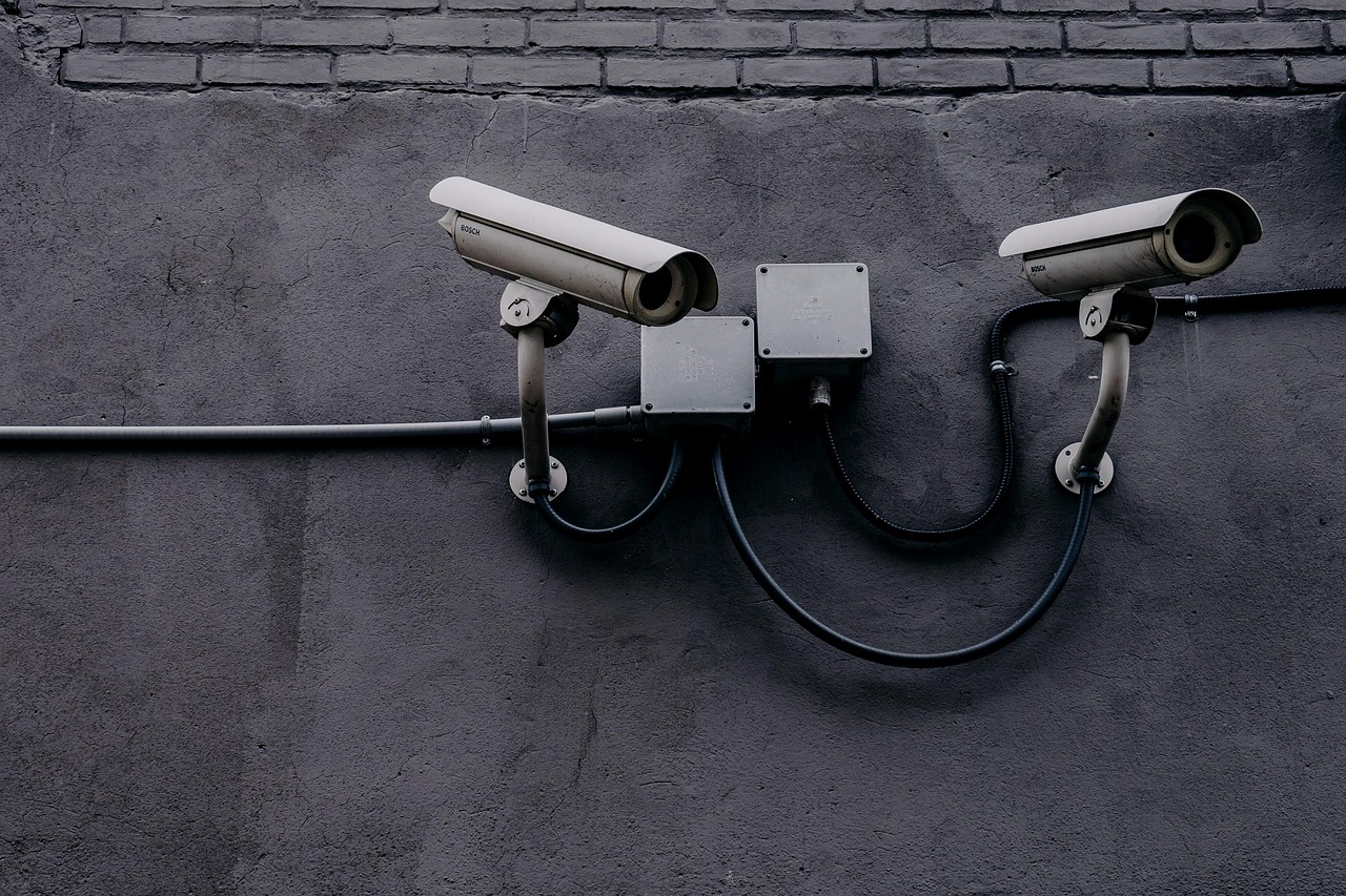 Two outdoor security cameras mounted on an exterior wall