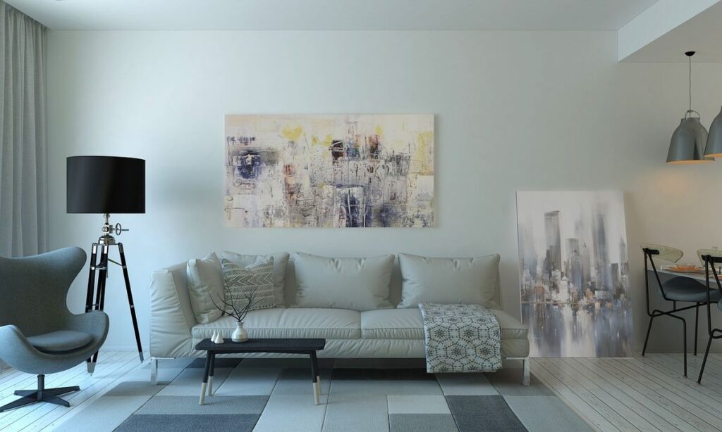 Living room with a floor lamp and pendant ceiling lights